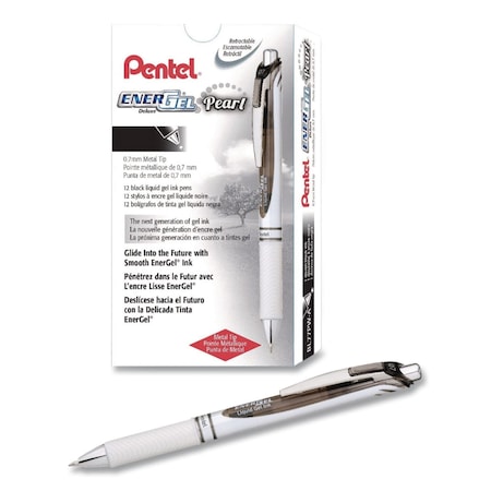 Pentel EnerGel Pearl Deluxe RTX Gel Pen, Retractable, Medium 0.7 mm, Black, Pearl White/Smoke Barrel, 12PK BL77PW-A