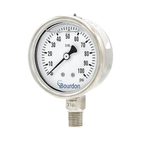 Bourdon Pressure Gauge, 0 to 100 psi, 2 1/2 in Dial, 1/4 in NPT, Bottom Location MEX3-D52.H21/0133