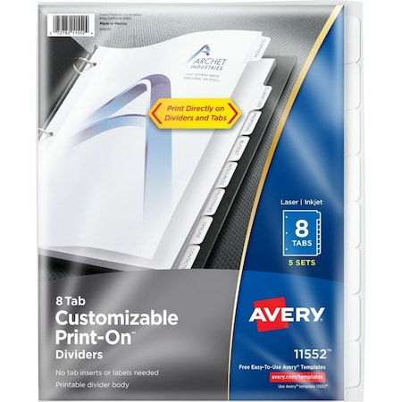 Avery Dennison Avery, Customizable Print-On Dividers, 8-Tab, Letter, 5PK 11552