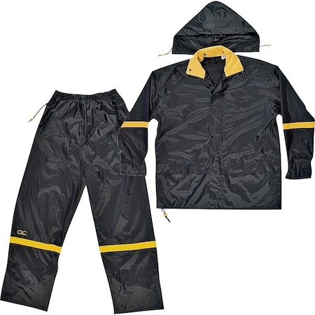 Clc Work Gear CLC R103L Rain Suit, L, 190T Nylon, Black/Yellow, Detachable Collar, Zipper Closure R103L