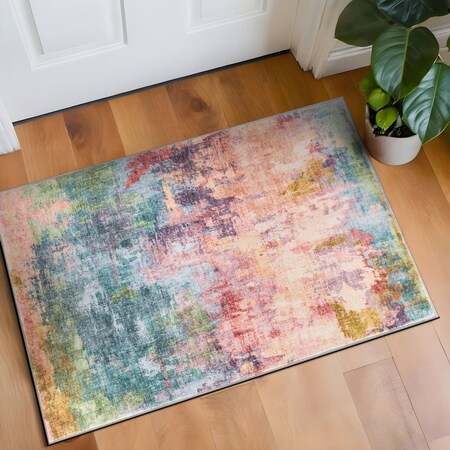 World Rug Gallery Contemporary Distressed Abstract Washable Non Slip Area Rug 2 ft x 4 ft Multi WR82MULTI2X4
