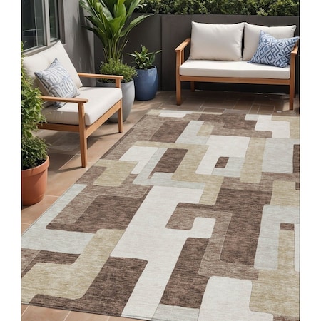 5' X 8' Brown Ivory And Taupe Geometric Washable Indoor Outdoor Area Rug