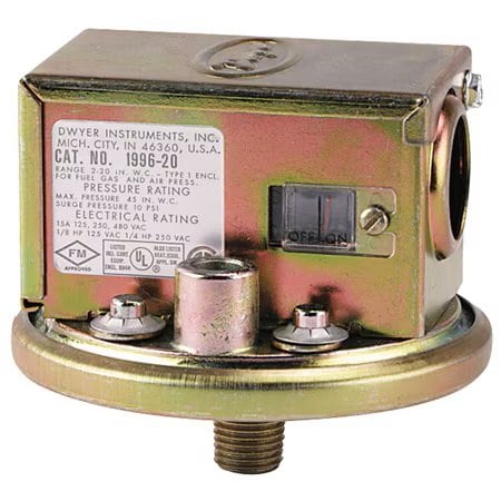 Dwyer Instruments Pressure Switch, Standard, SPDT, 1/4" MNPT, 1/8" FNPT, 1.4 to 5.5 in H2O Range 1996-5