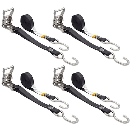 Mytee Products 4PK 1inx10ft Stainless Steel Ratchet Straps w/S-Hooks for Saltwater - 765 lbs BS, 4PK RS110SH-BLK-SSx4