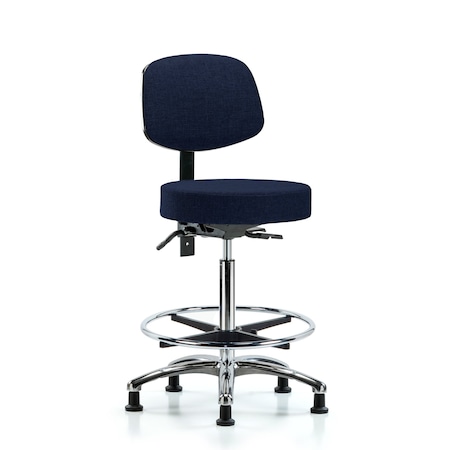 Blue Ridge Ergonomics Fab Stool with Back Chr-High Bench Height with Seat Tilt, Chr Foot Ring, andStat Glides in Navy Fab BR-FHBST-CR-T1-CF-RG-F45