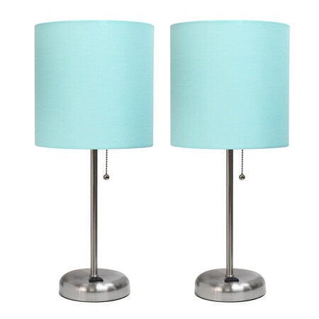 Homeroots Set of Two 20" Silver Metal Table Lamp With Aqua Drum Shade 643191