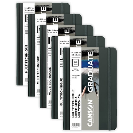 Canson Graduate Mixed Media Art Book, Toned Gray, Hard Cover Binding, 32 Sheet, 5.5x8.5 inch, 5PK C31200L033