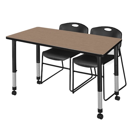 Regency Kee Mobile Adjustable Classroom Table W/ 2 Zeng Stack Chairs, 48 in W, 24 in L, Noble Oak MT4824NOAPCBK44BK