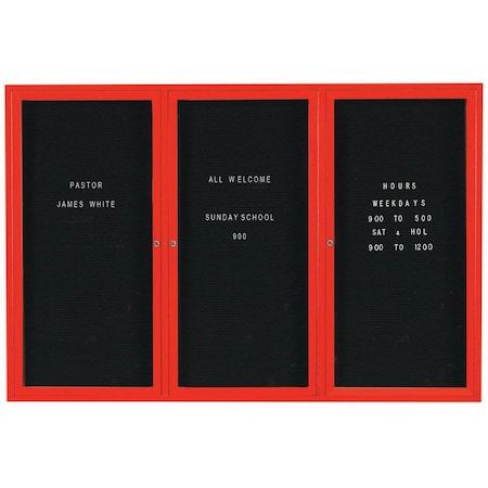 Aarco Illuminated Enclosed Letter Board Directory w/ Powder Coated Red Al Frame, 48''Hx72''W 3 Doors ADC4872-3IR