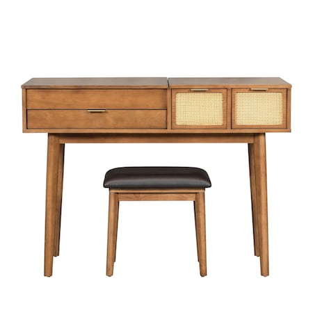 Homeroots 48" Brown Wood Three Drawer Vanity Table With Mirror And Seating 653856