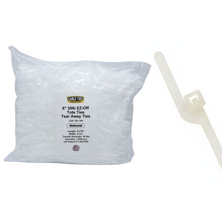 Cable Ties Unlimited Easy-Off Tote Cable Tie, 6 in L, 30 lb Strength, 1.4 in Max Bundle Dia, Nylon 6/6, Natural, 1000PK EZ6-30-9M