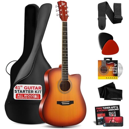 Pyle Steel String Acoustic Guitar Kit, 4/4 Full Size Cutaway All-Wood Guitarra Acustica with Premium PGSTGR007CBS