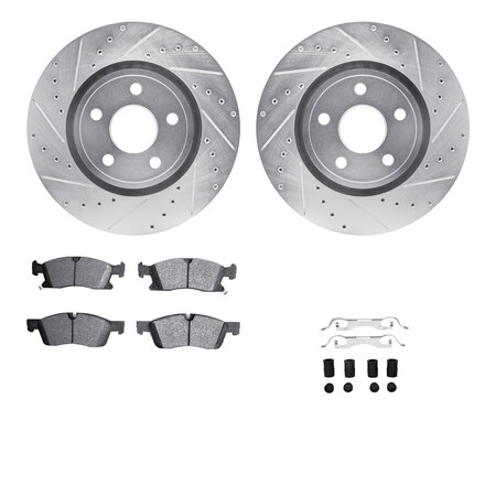 Dynamic Friction Co DFC Brake Rotor - Drilled & Slotted - Silver- Heavy Duty Brake Pad includes Hardware 7412-42009