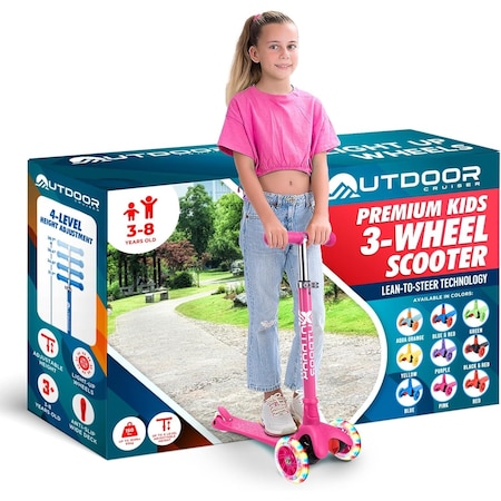 Outdoorcruiser Outdoor Cruiser 3-Wheel Kids Scooter, Lean-to-Steer, LED Wheels, Adjustable T-Bar, Pink. OCKSPINK