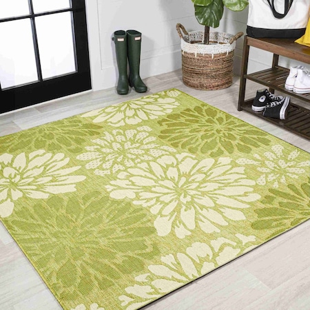 Jonathan Y Zinnia Modern Floral Textured Weave Green/Cream 5 ft Square Indoor/Outdoor Area Rug SMB110H-5SQ