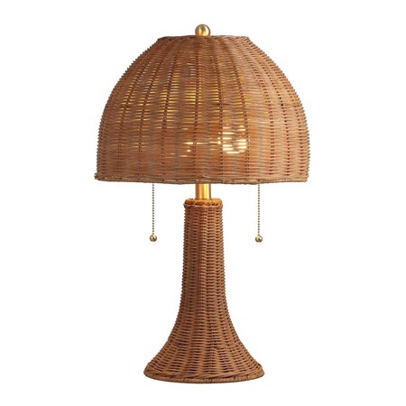 Jonathan Y Joanie 22" Bohemian Rustic Woven Rattan LED Table Lamp w/ Double Pull Chains, Dark Brown/Brass Gold JYL4040C