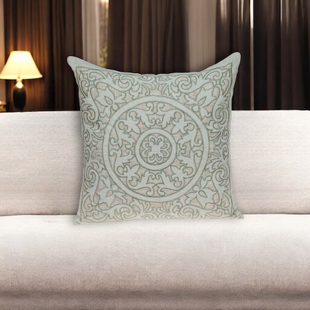 Homeroots 22" Beige and Green Damask Linen Blend Throw Pillow with Embroidery and Applique 529237