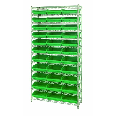 Quantum Storage Systems WIRE SHELVING UNIT W/33 GREEN BINS WR12-109GN