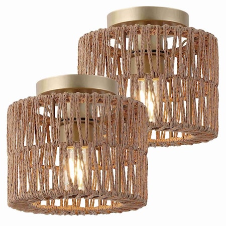 Jonathan Y Omar 8 in. 1-Light Modern Bohemian Metal and Cross Woven Paper Rope Drum LED Flush Mount, Natura, 2PK JYL1220A-SET2