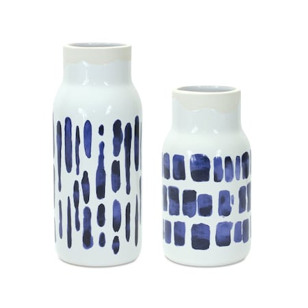 Homeroots Set of Two Blue and White Abstract Cylinder Ceramic Table Vase, 2PK 516260