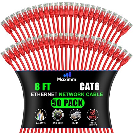 Maximm Cat6 Ethernet Cable 8ft 10Gbps 550MHz UTP, 50PK, Red, 50PK CAT6CCA-8RD-50PK
