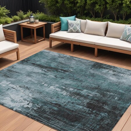 Homeroots 9' X 12' Teal Blue Gray And Ivory Abstract Washable Indoor Outdoor Area Rug 617672