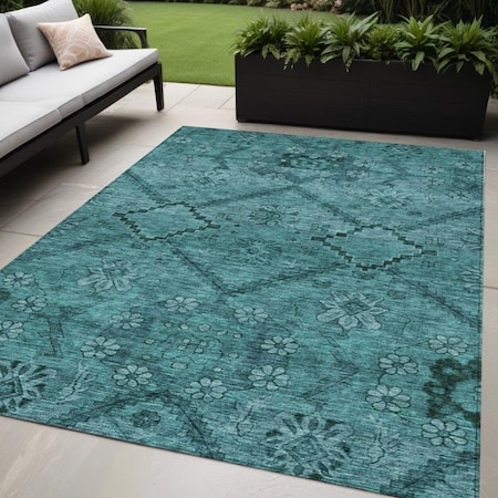 Homeroots 5' X 8' Teal Blue And Aqua Floral Washable Indoor Outdoor Area Rug 588913