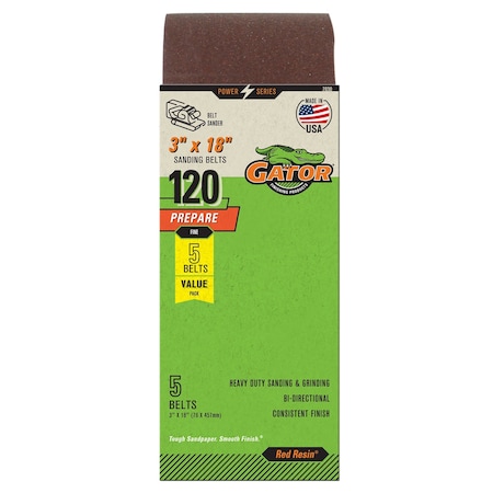 Gator Finishing Red Resin 3 x 18 in. Sanding Belt, 120 Grit, Fine, 5PK 7030GA