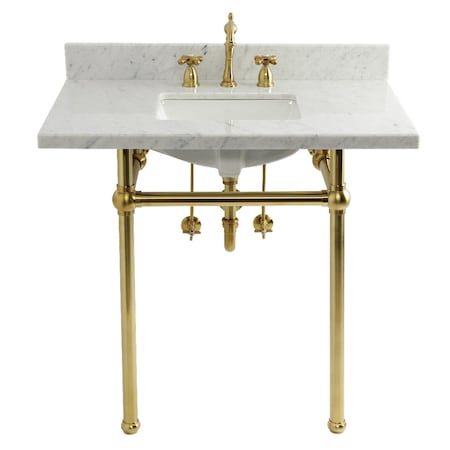 Kingston Brass 36" Carrara Marble Console Sink Set w/ Faucet in Carrara Marble White/Brushed Brass CKVPB36MBSQ7