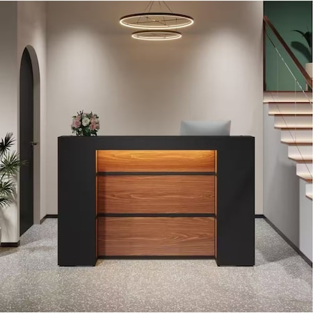 Kioottoo 63'' Modern LED Reception Desk, Black & Brown Counter with Storage TB-YS0229