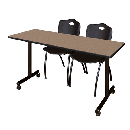 Regency Kobe Mobile T-Base Training Table W/ 2 M Stack Chairs, 66 in W, 24 in L, Noble Oak MKTRCC6624NO47BK