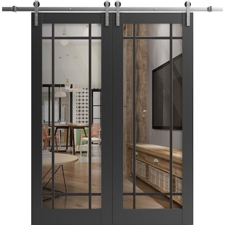 Sartodoors Sturdy Double Barn Door with Clear Glass, Lucia 2266 Matte Black and Aluminum Strips, 13FT Rail Ha LUCIA2266DB-S-BLK-60 x 96 (2* 30x96)