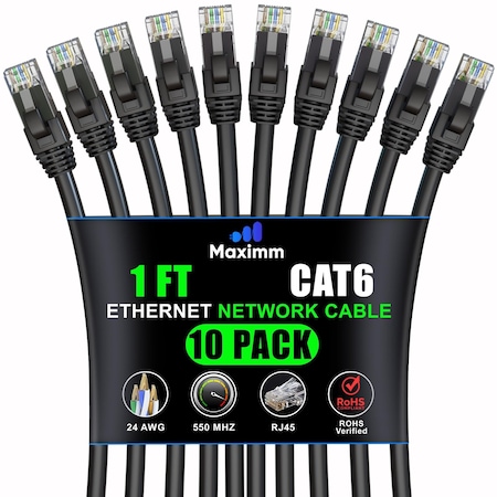Maximm Cat6 Ethernet Cable 1ft 10Gbps 550MHz UTP, 10PK, Black, 10PK CAT6CCA-1BK-10PK