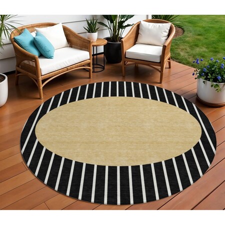 Homeroots 8' Black And Beige Round Striped Washable Indoor Outdoor Area Rug 597147