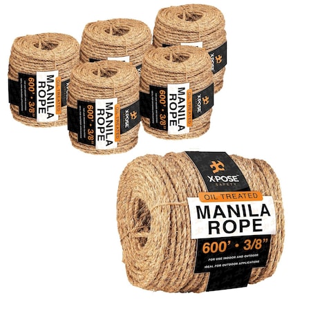Xpose Safety Manila Rope, 3/8 Inch 600ft 3-Strand Natural Fiber Cordage for Crafts & Outdoor Use, 6PK MR38-600-6-X-S