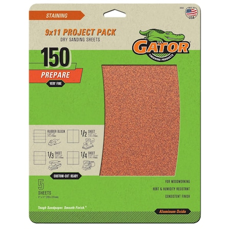 Gator Finishing 9 x 11 Project Pack Dry Sanding Sheets, 150 Grit , Very Fine, 5PK 4464
