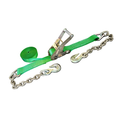 Tie 4 Safe 2'' x 30' Ratchet Tie Downs w/ Chain Extension WLL: 3,333 lbs. Green RT04C-530-F87-GR-C