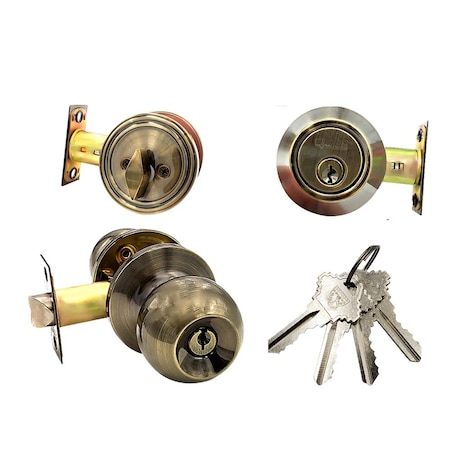 Ecs Hardware Durable Combo Lockset w/ Single Knob & Deadbolt, Entrance, Antique Bronze, Grade 3 SC1 ECSH-3607-AB-SC1