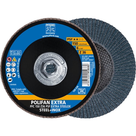 Pferd 6'' x 5/8-11 Thd. POLIFAN Flap Disc - Z PSF EXTRA STEELOX, Zirconia, 36 Grit, Conical 60667