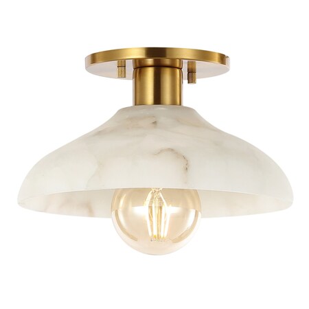 Jonathan Y Amara 10" 1-Light Mid-Century Classic Alabaster/Iron LED Semi Flush Mount, White/Brass Gold JYL1207A