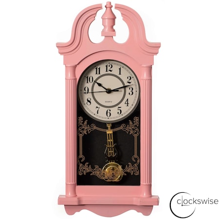 Clockswise 20in Plastic Grandfather Wood-Grain Finish Wall Clock with Battery-Operated Swinging Pendulum, Pink QI004819-20.PK