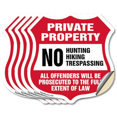 Signmission Private Property Shield Sign No Hunting, 4 inch X 4 inch, Vinyl Decal, 5PK SHI-D-5PACK-4-446