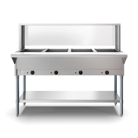 Koolmore Four Pan Open Well Electric Steam Table with Undershelf and Sneeze-Guard, . KM-OWS-4SG