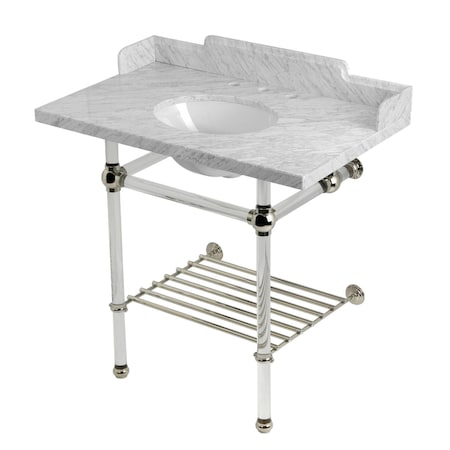 Kingston Brass 36-Inch Carrara Marble Console Sink with Acrylic Legs and Shelf, 8-Inch, 3-Hole LMS36MAB6