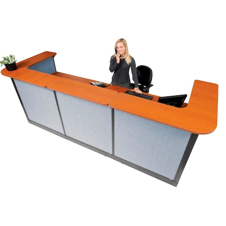 Global Industrial Interion U-Shaped Reception Station w/Raceway 124"W x 44"D x 46"H Cherry Counter Blue Panel 249010NCB