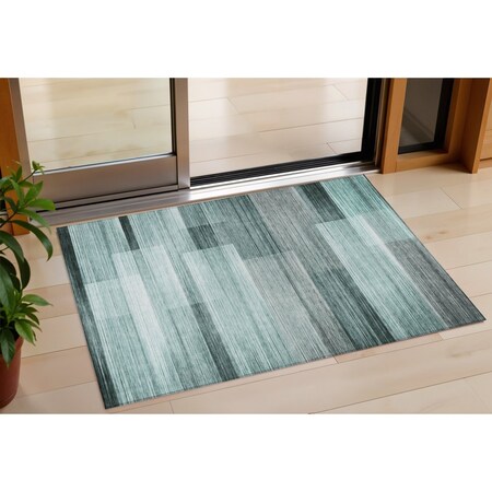 Homeroots 3' X 5' Teal Blue And Ivory Striped Washable Indoor Outdoor Area Rug 630999
