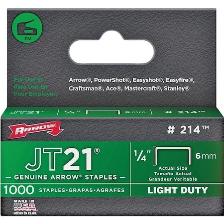 Arrow Lock JT21 Series Staple, 1/4 in W Crown, 1/4 in L Leg, 0.03 ga, 5PK 214