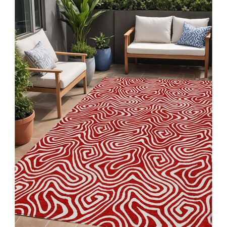 Homeroots 5' X 8' Red And Ivory Abstract Washable Indoor Outdoor Area Rug 599749