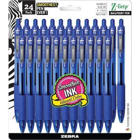 Zebra Pen Z-Grip Ballpoint Pen, Retractable, Medium 1 mm, Blue Ink, Translucent Blue/Blue Barrel, PK24 12225