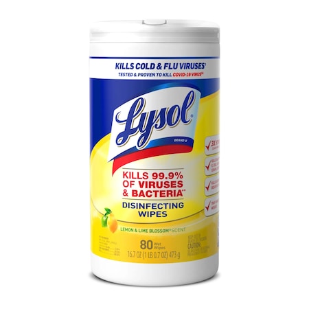 Lysol Disinfecting Wipes, 1-Ply, 7 x 7.25, Lemon and Lime Blossom, White, 80 Wipes/Canister, PK6 19200-77182